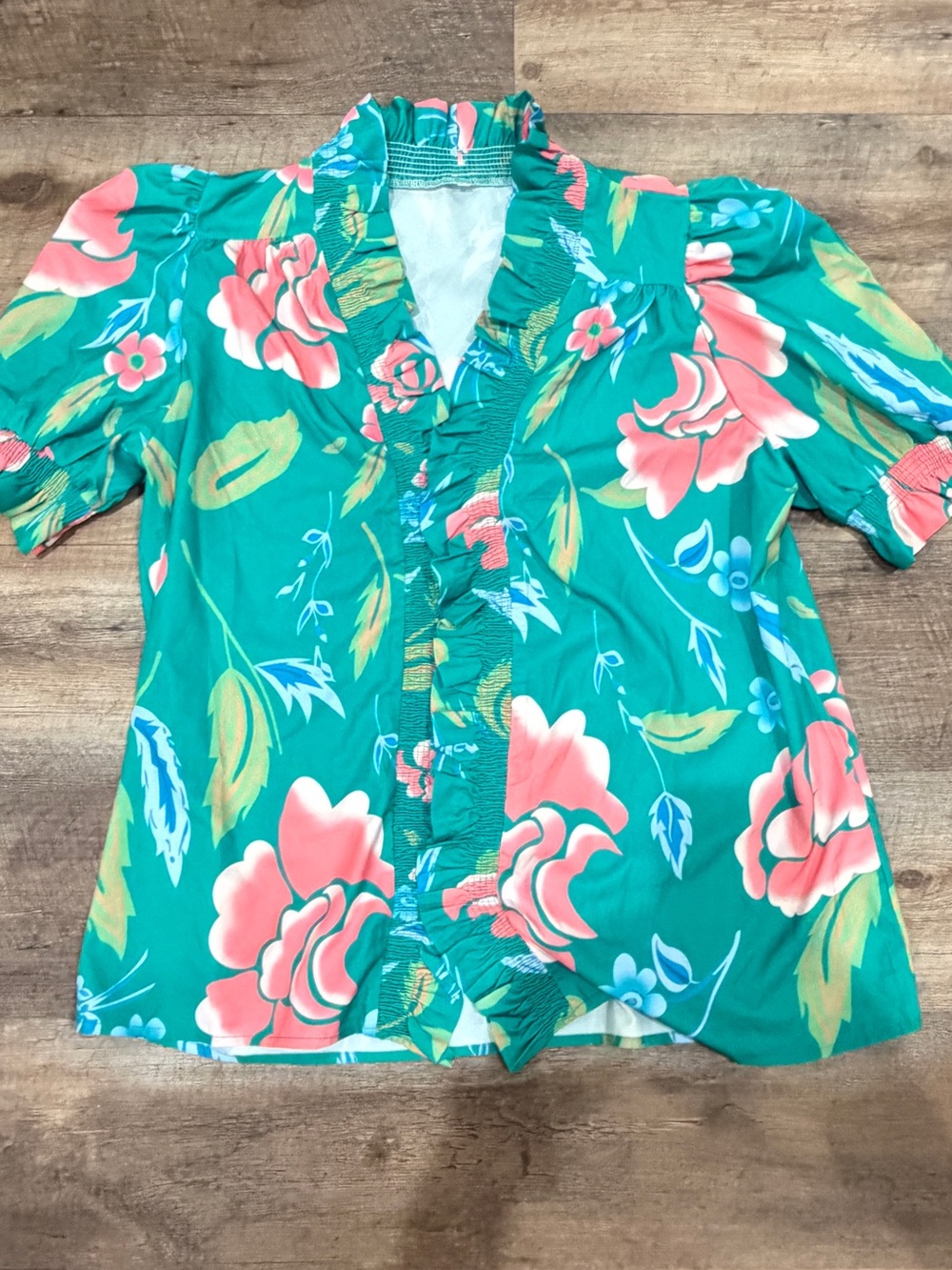 SHEIN Teal Floral Ruffle-Front Blouse with Pink Bloom